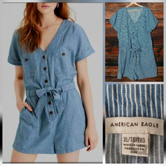 American Eagle Romper XL Striped Tie Front Button Down 100% Cotton Jumpsuit - Picture 1 of 9